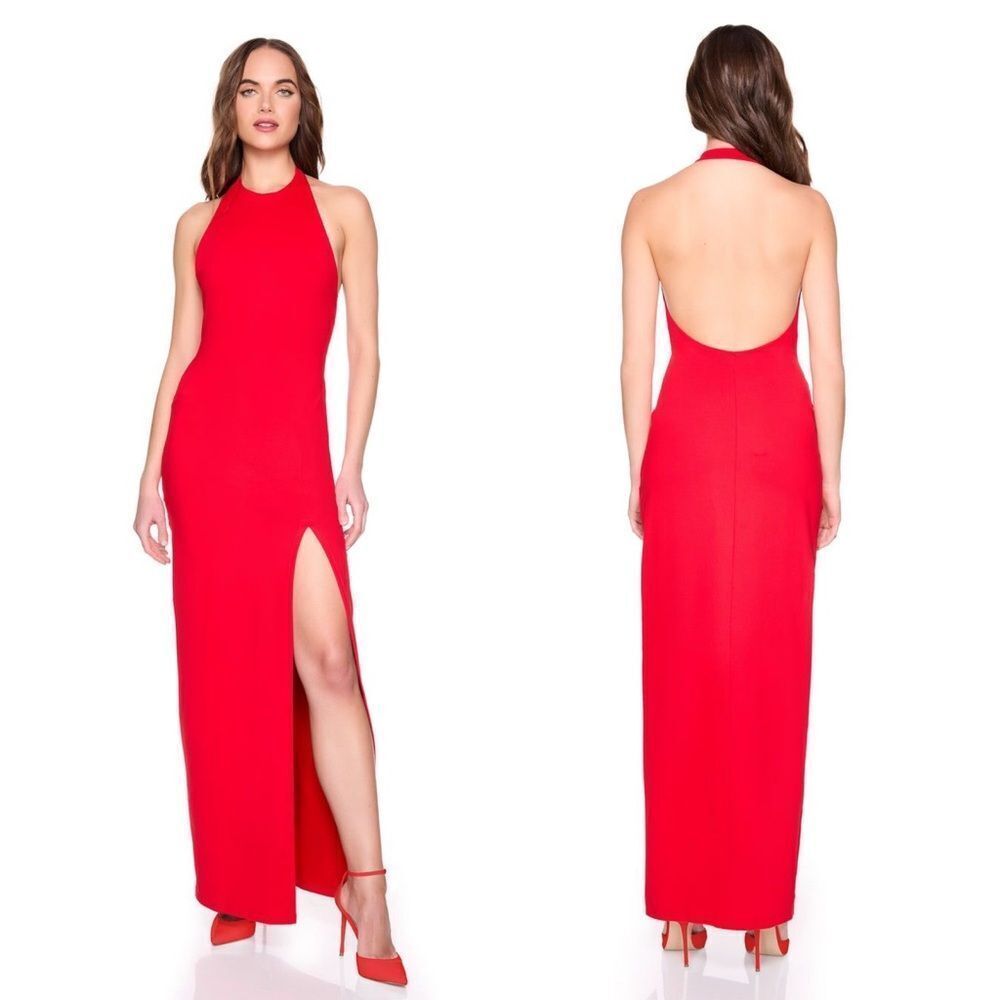 Susana Monaco Red Halter Low Back Slit Dress with Attached Bodysuit Lining NEW